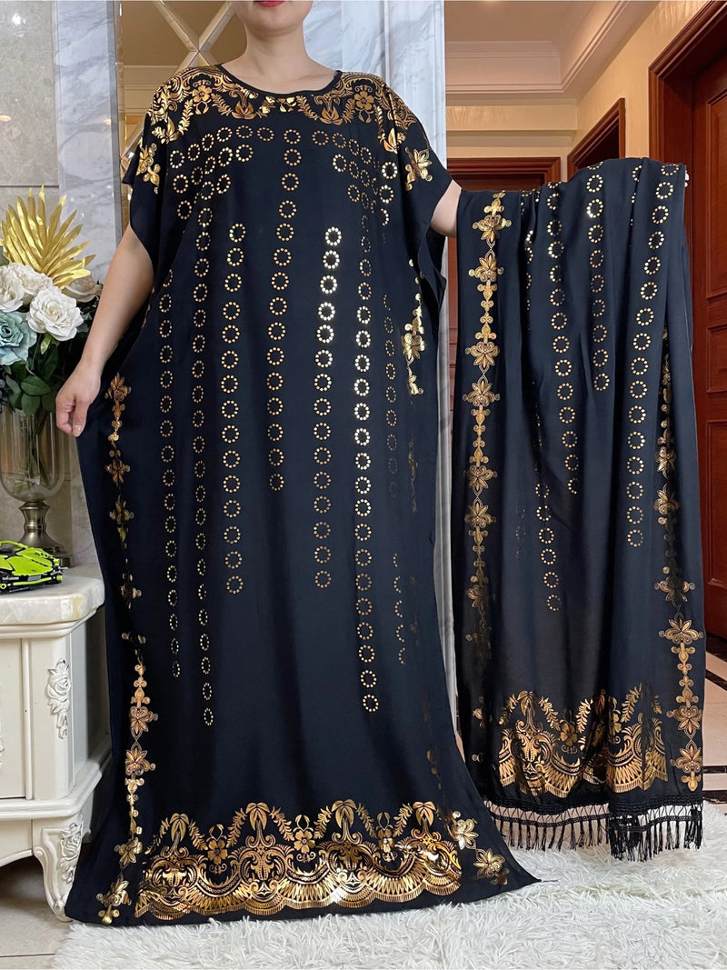 New Summer African Short Sleeve  100% Cotton Dresses With Big Scarf Loose Printing Floral Boubou Maxi Islam Women Abaya Clothes