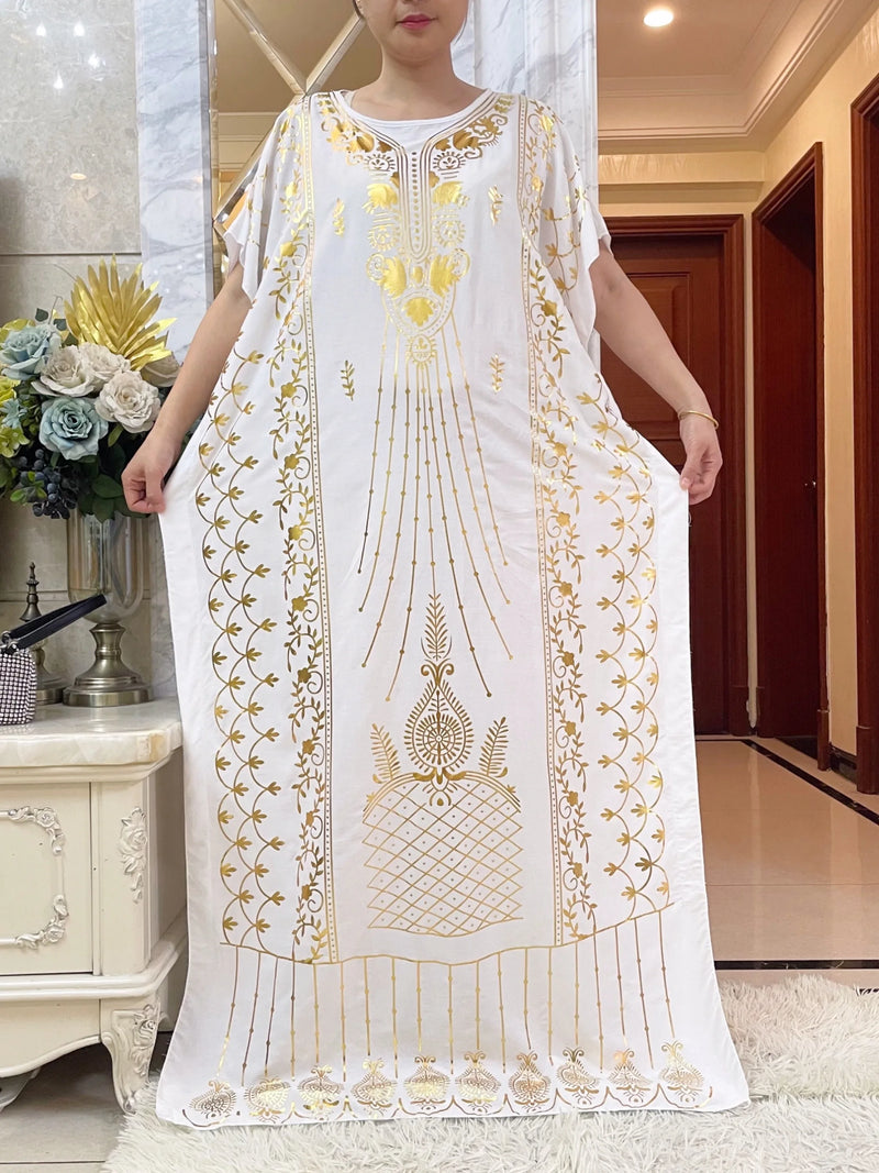 New Summer African Short Sleeve  100% Cotton Dresses With Big Scarf Loose Printing Floral Boubou Maxi Islam Women Abaya Clothes