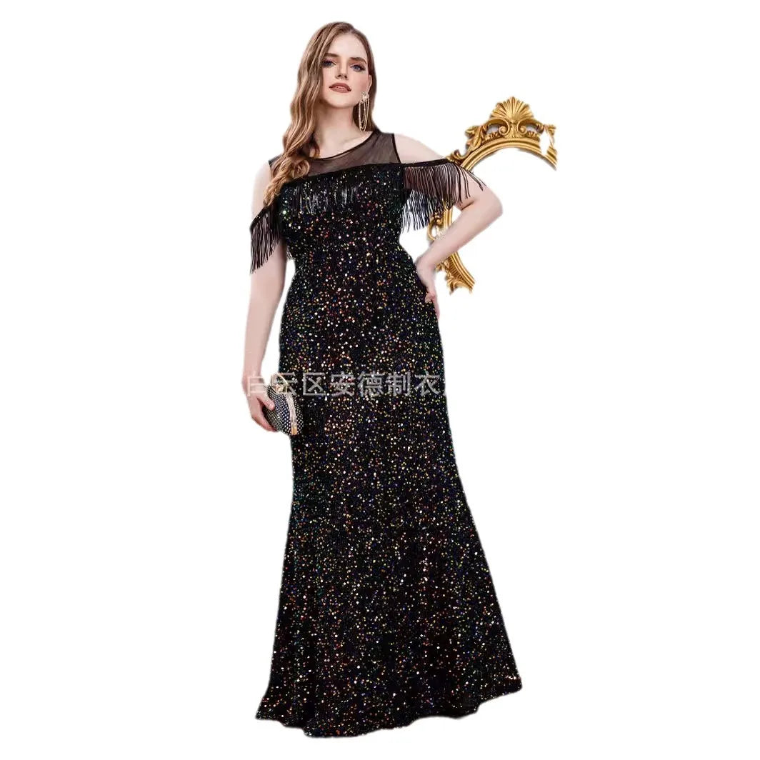 Plus Size Elegant Long Dress With Sequined Tassel Fish Tail Evening GOWN