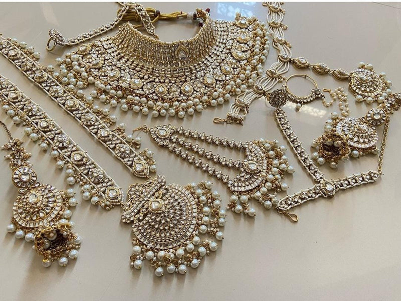 Full 7pc Wedding Bridal white beaded Jewellery Kundan set