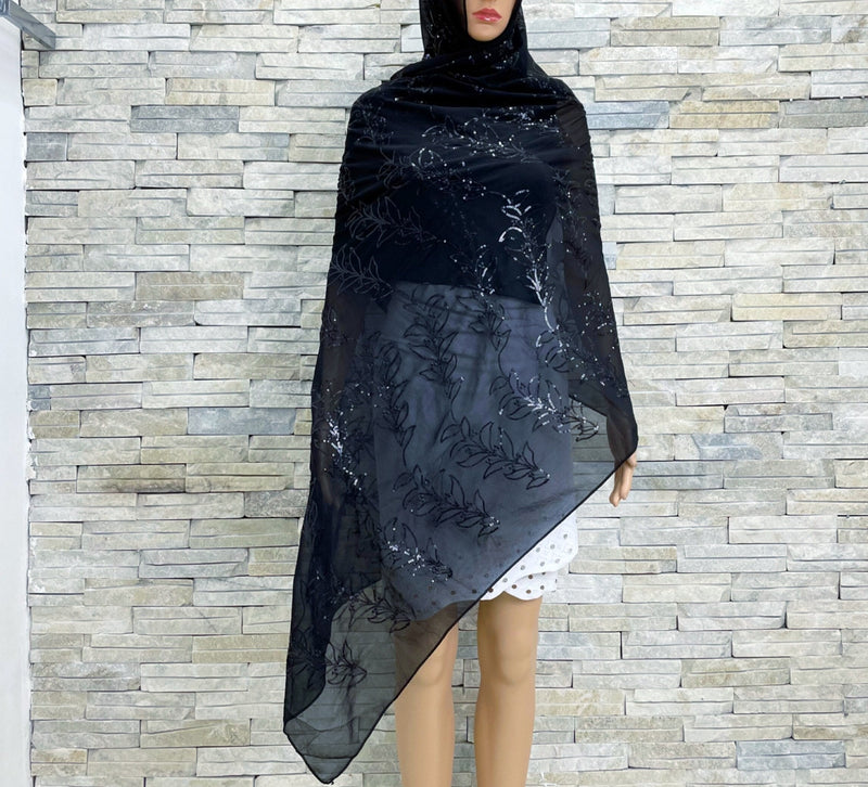 Soft Chiffon Scarf w Sequins Embroidery Shawls Wraps