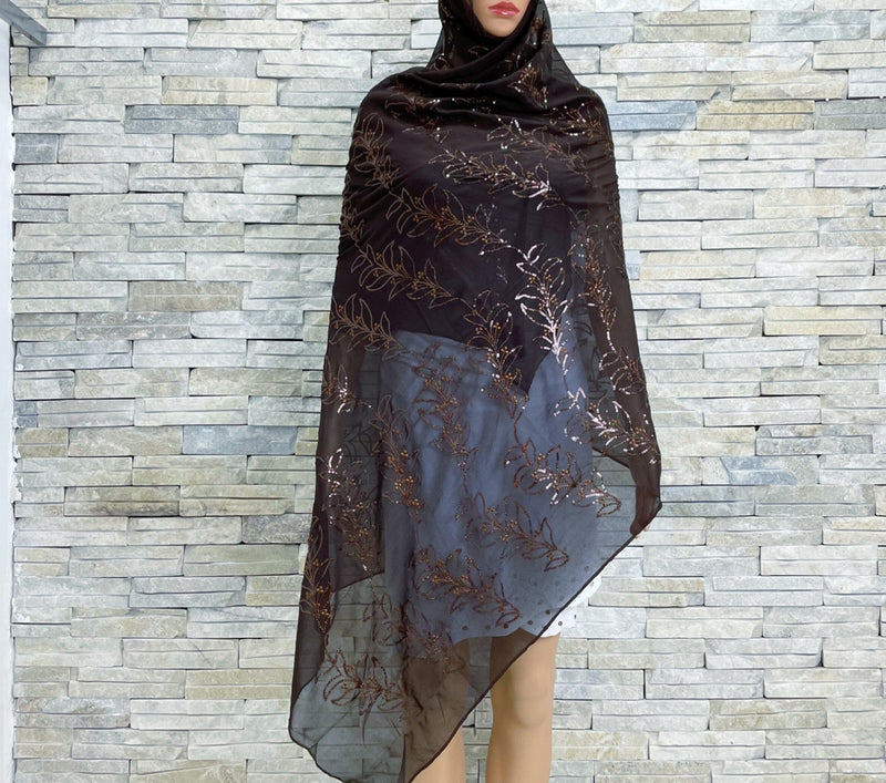 Soft Chiffon Scarf w Sequins Embroidery Shawls Wraps