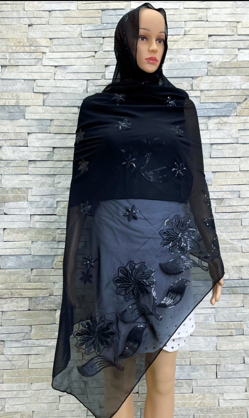 Beautiful  Flower Sequin Embroidery Chiffon Fabric Wrap shawl