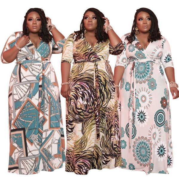 Plus Size V Neck Print Maxi Dress with Belt