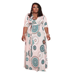 Plus Size V Neck Print Maxi Dress with Belt